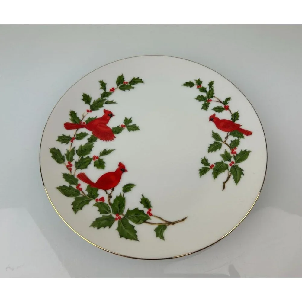 Lefton China Vintage Cardinal Bird Holly Ivy Christmas Holiday Plate Japan 1984